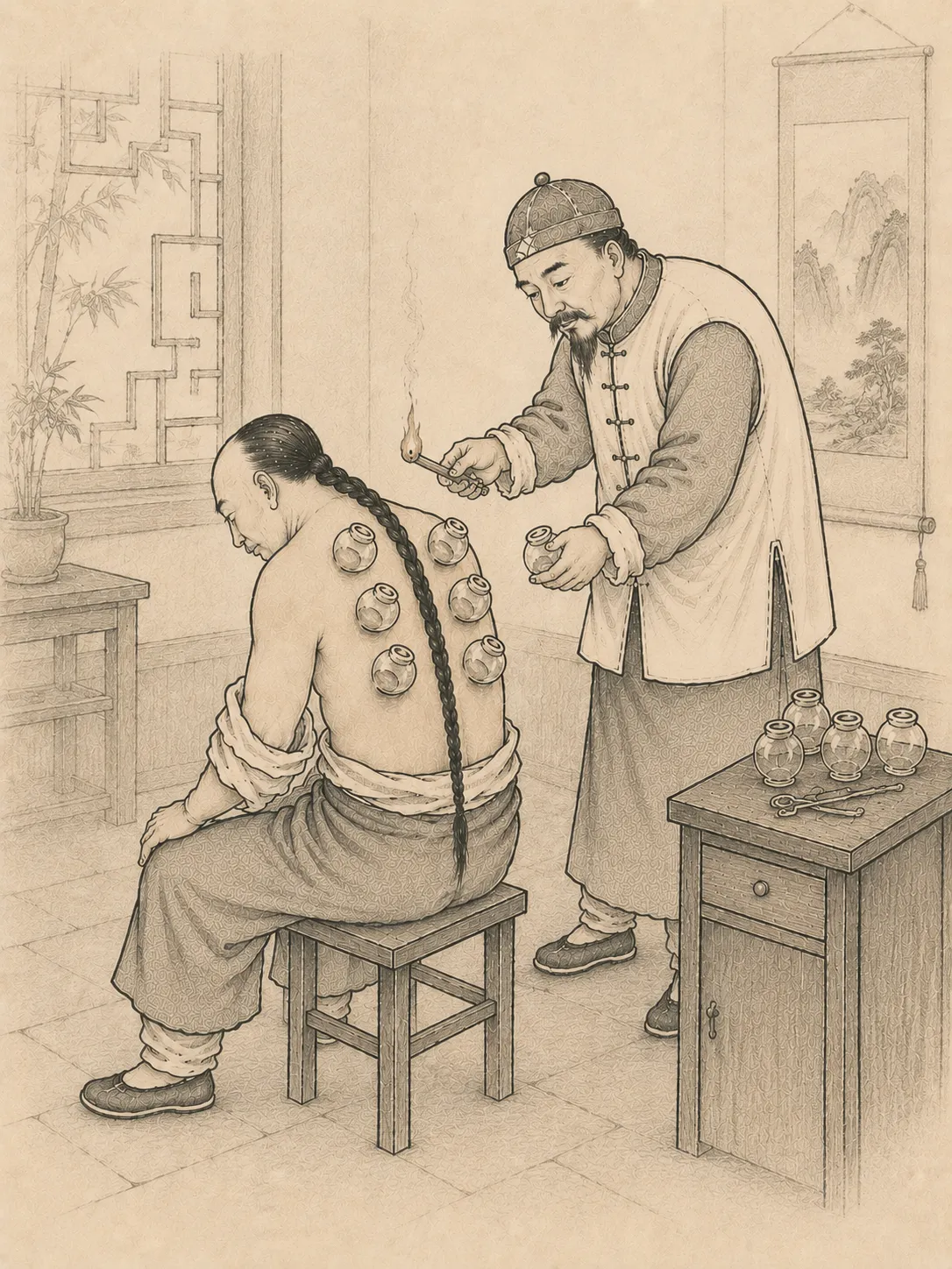 Kézzel rajzolt illusztráció hagyományos kínai köpölyözésről (Ba Guan)